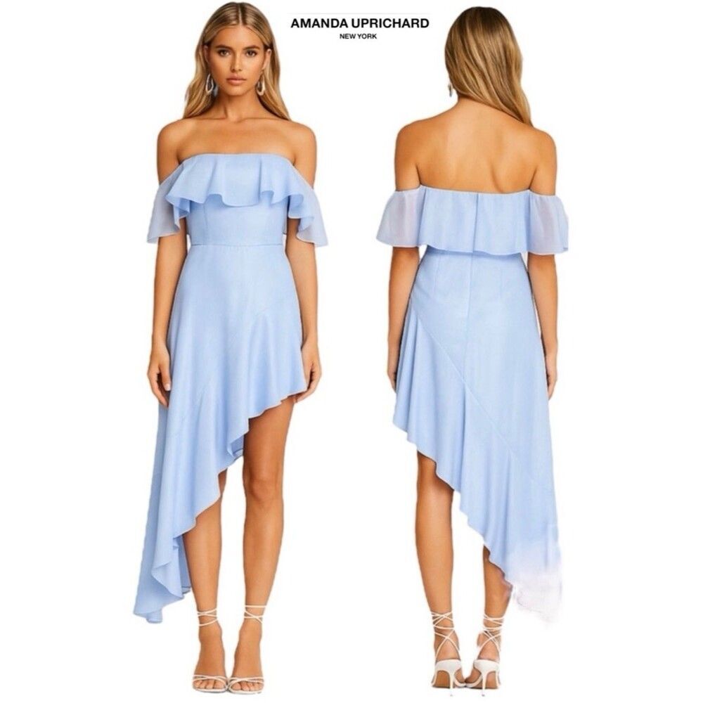 Amanda Uprichard Camellia Off-Shoulder Asymmetrical Cocktäil Dress Light Blue S